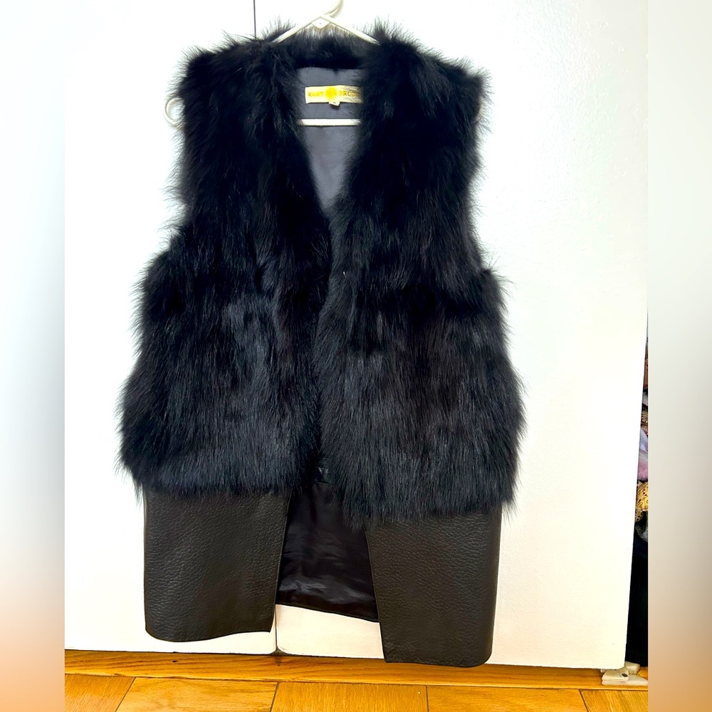 Ramy Brook Black Fox Fur vest detachable leather trim size Small